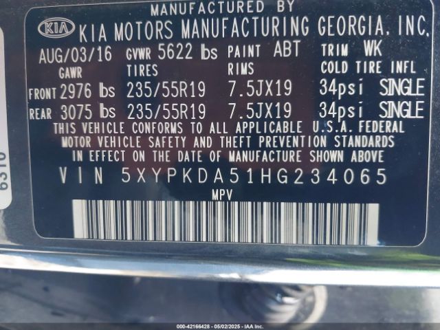 5XYPKDA51HG234065 KIA Sorento 3.3l Sxl