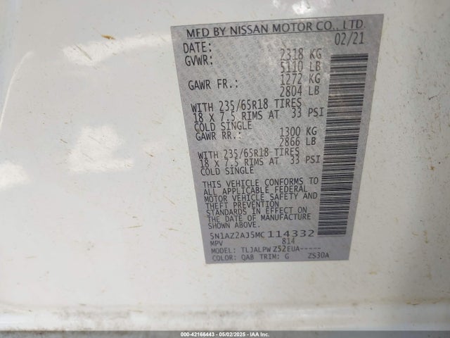 5N1AZ2AJ5MC114332 Nissan Murano S Fwd