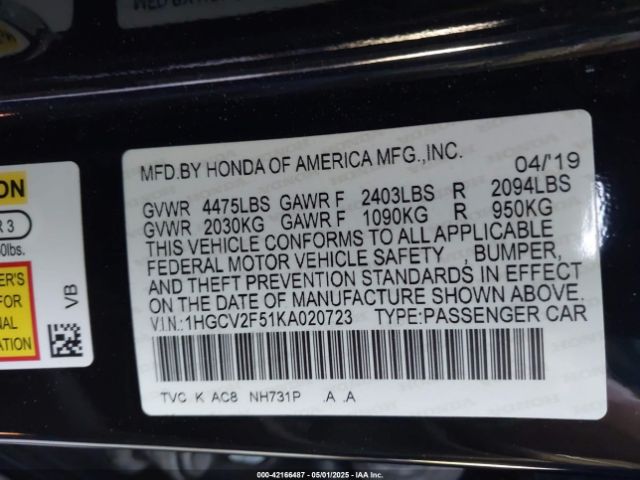 1HGCV2F51KA020723 Honda Accord Ex-l 2.0t
