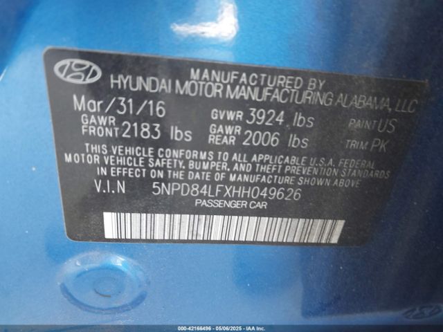 5NPD84LFXHH049626 Hyundai ELANTRA SE