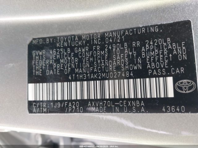 4T1H31AK2MU027484 Toyota Camry Le Hybrid