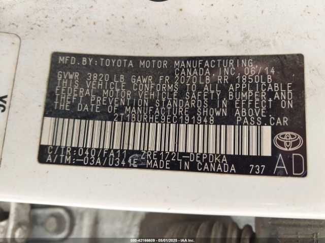 2T1BURHE9EC191948 Toyota COROLLA L