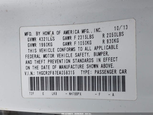 1HGCR2F87EA058315 Honda Accord Ex-l