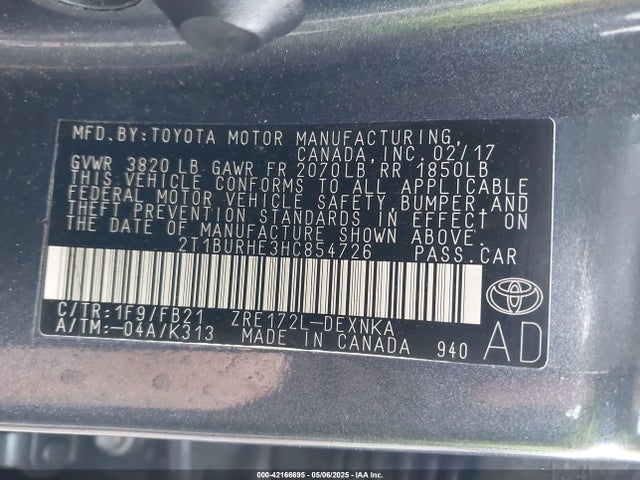 2T1BURHE3HC854726 Toyota 2zr-fe