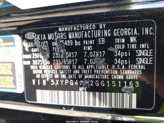 5XYPG4A52GG151163 KIA Sorento 3.3l Lx