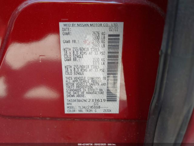 5N1DR3BA2NC233619 Nissan Pathfinder Sv 2wd