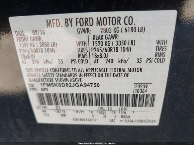 1FM5K8D82JGA94756 Ford EXPLORER XLT
