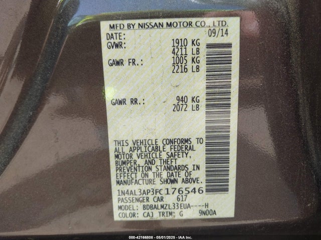 1N4AL3AP3FC176546 Nissan Altima 2.5 Sv