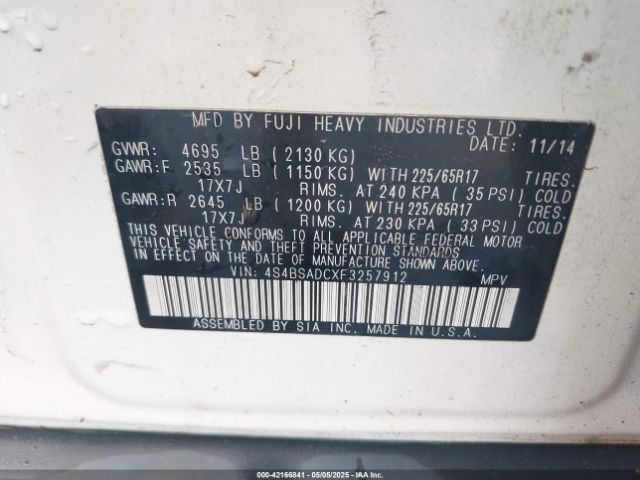 4S4BSADCXF3257912 Subaru Outback 2.5i Premium