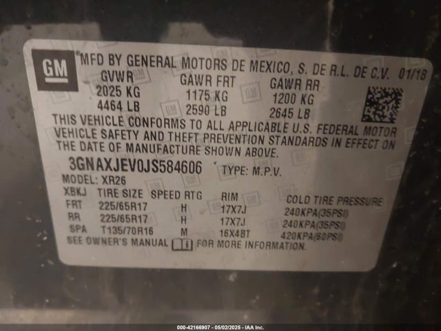 3GNAXJEV0JS584606 Chevrolet EQUINOX LT
