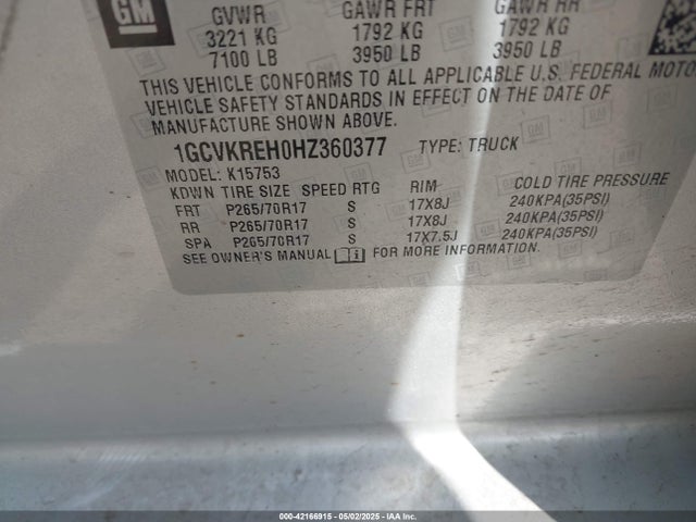 1GCVKREH0HZ360377 Chevrolet lv3 - gen 5, sidi, vvt: variable valve timing, e85 max, alum
