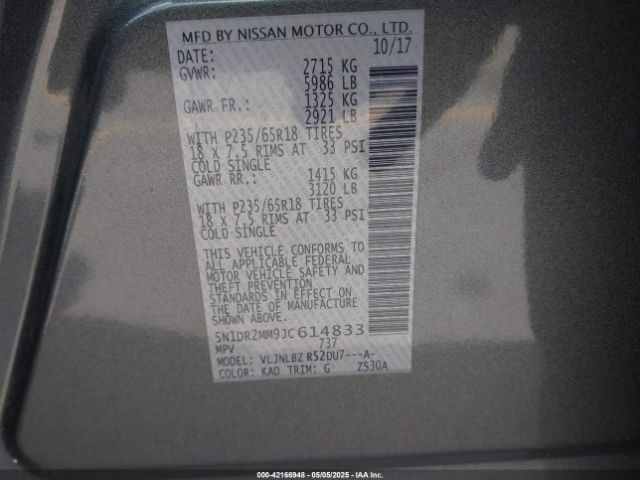 5N1DR2MM9JC614833 Nissan Pathfinder S