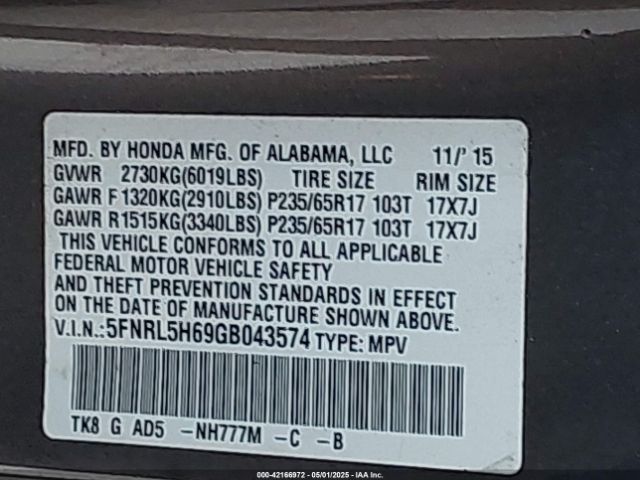 5FNRL5H69GB043574 Honda Odyssey Ex-l