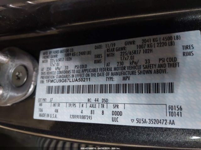 2020 FORD ESCAPE 1FMCU9G67LUA50211 Photo 8