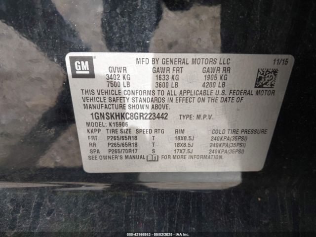 2016 CHEVROLET SUBURBAN 1GNSKHKC8GR223442 Photo 8
