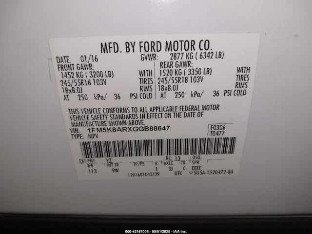 1FM5K8ARXGGB88647 Ford Police Interceptor