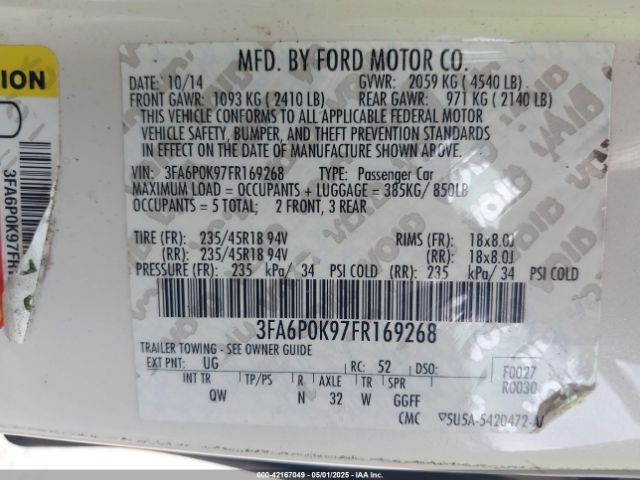 3FA6P0K97FR169268 Ford Fusion Titanium