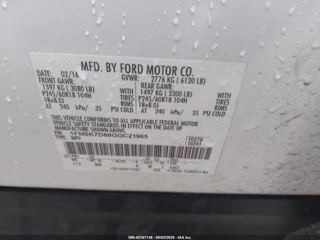 Ford EXPLORER XLT 2016 1FM5K7D88GGC21965 Image 9
