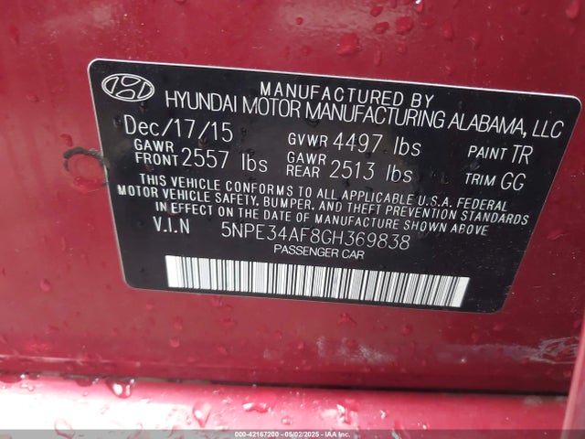 Hyundai dohc gdi theta-ii 2016 5NPE34AF8GH369838 Image 9