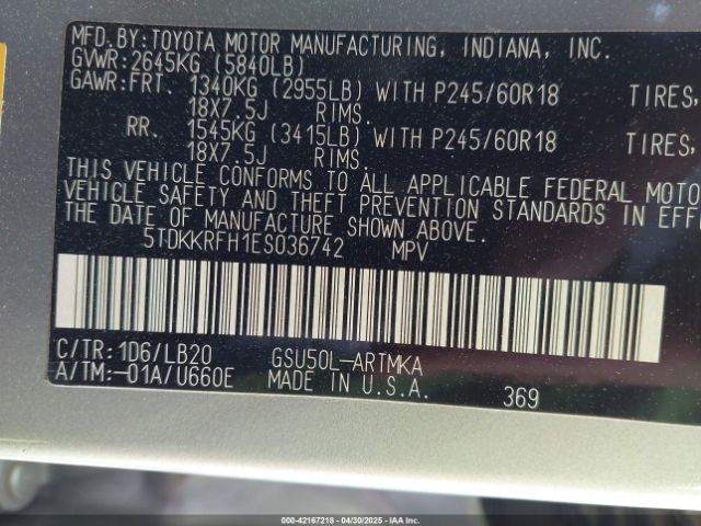 5TDKKRFH1ES036742 Toyota Highlander Xle V6