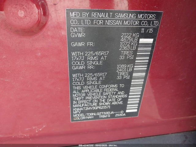 KNMAT2MV3GP621571 Nissan ROGUE SV