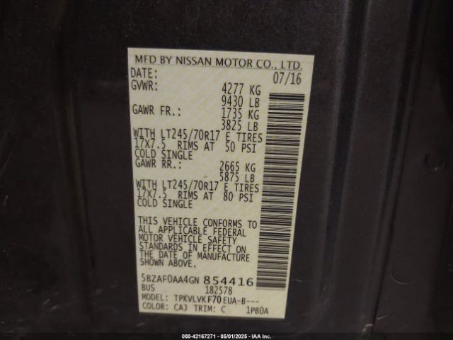 5BZAF0AA4GN854416 Nissan Nv Passenger Nv3500 Hd Sl V8