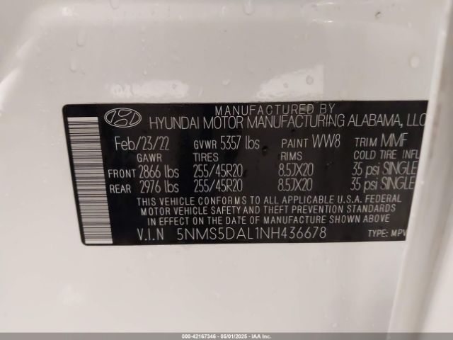 5NMS5DAL1NH436678 Hyundai Santa Fe Calligraphy