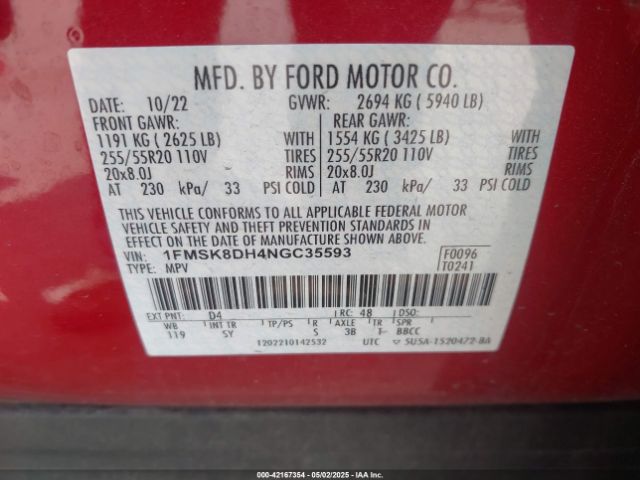 1FMSK8DH4NGC35593 Ford EXPLORER XLT