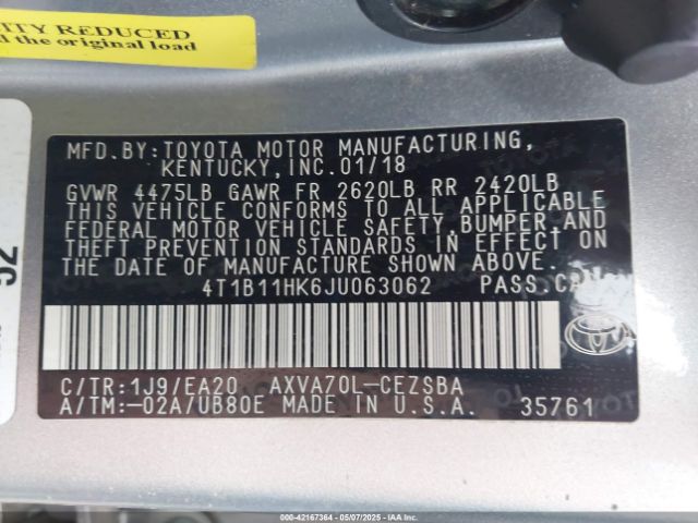 2018 TOYOTA CAMRY 4T1B11HK6JU063062 Photo 8