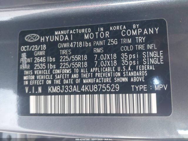 KM8J33AL4KU875529 Hyundai TUCSON SEL