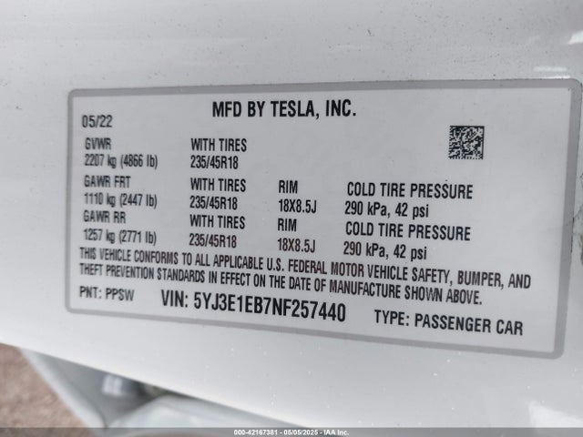2022 TESLA MODEL 3 5YJ3E1EB7NF257440 Photo 8