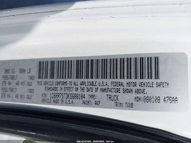 1C6RR7ST3KS688104 RAM 1500 Classic Tradesman  4x4 6'4 Box
