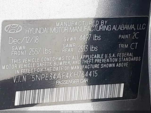 5NPE34AF4KH764415 Hyundai SONATA SEL