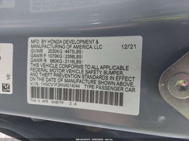2022 HONDA ACCORD 1HGCV1F3XNA014044 Photo 8