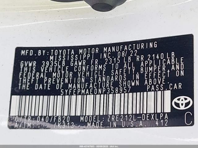 5YFEPMAE0NP358957 Toyota COROLLA LE