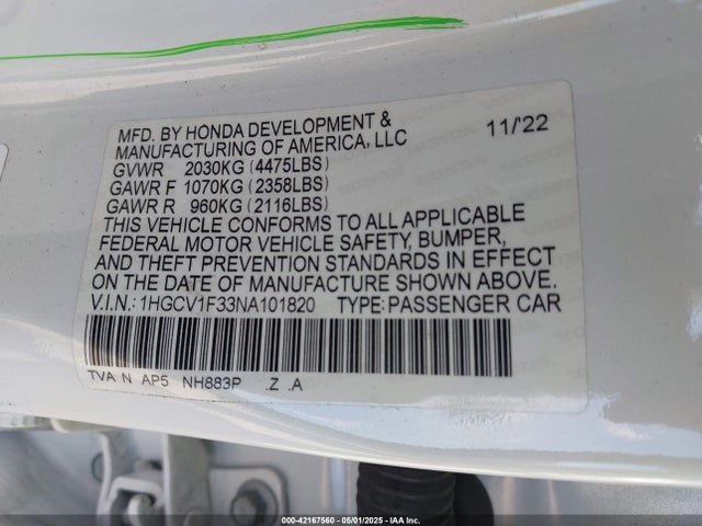 1HGCV1F33NA101820 Honda Accord Sport