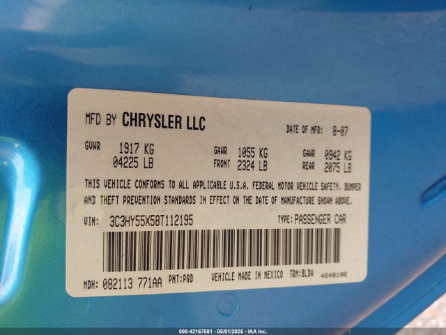 Продажа на аукционе авто 2008 Chrysler Pt Cruiser Touring, vin: 3C3HY55X58T112195, номер лота: 42167581