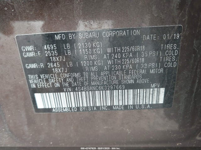 Subaru Outback 2.5i Limited 2019 4S4BSANC6K3297669 Image 9