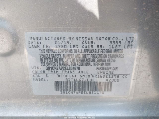 3N1CN7AP2EL851670 Nissan Versa 1.6 Sl