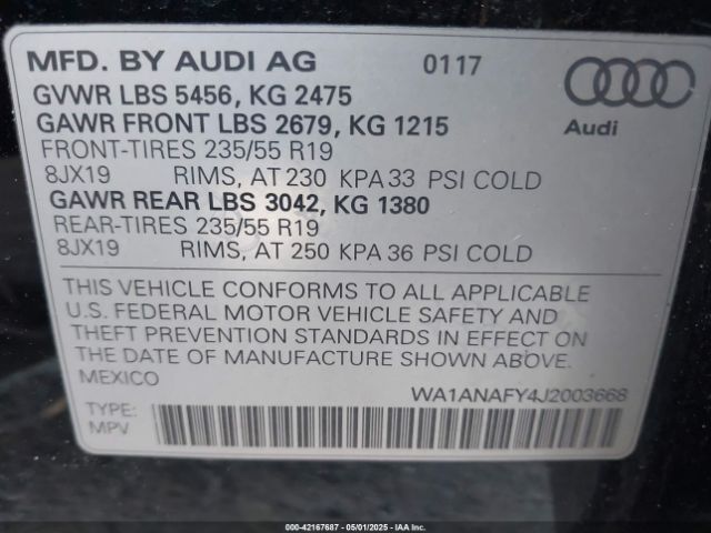 WA1ANAFY4J2003668 Audi Q5 2.0t Premium/2.0t Tech Premium