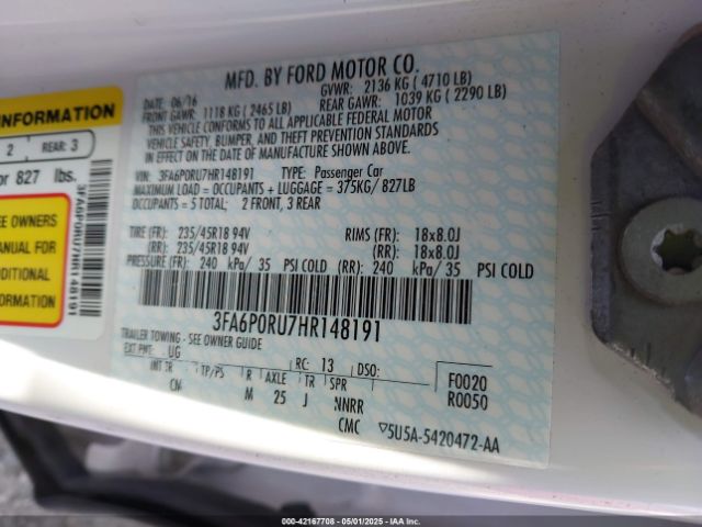 3FA6P0RU7HR148191 Ford Fusion Hybrid Titanium