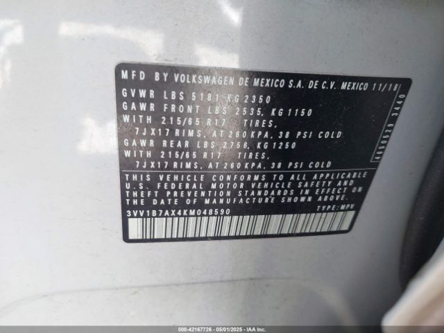 3VV1B7AX4KM048590 Volkswagen Tiguan 2.0t S