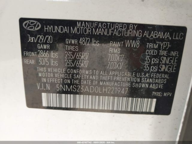 5NMS23AD0LH221947 Hyundai Santa Fe Se