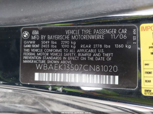 2007 BMW 650I WBAEK13507CN81020 Photo 8