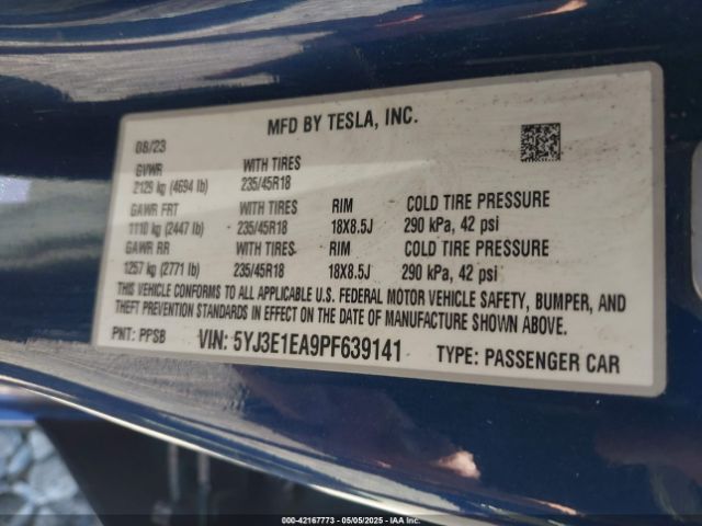 5YJ3E1EA9PF639141 Tesla Model 3 Rear-wheel Drive