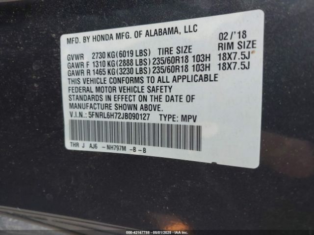 5FNRL6H72JB090127 Honda Odyssey Ex-l