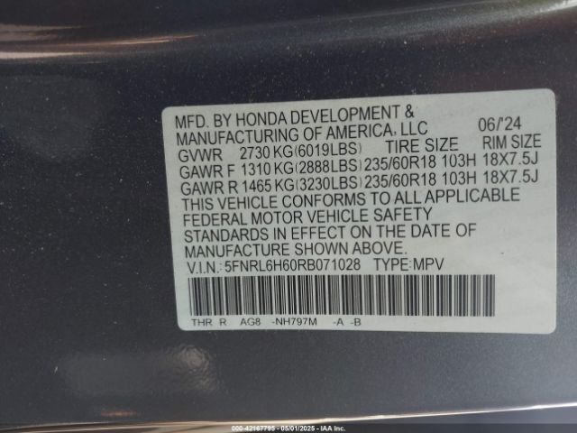 2024 HONDA ODYSSEY 5FNRL6H60RB071028 Photo 8