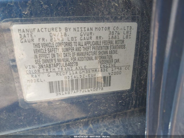 3N1AB7AP7JL640278 Nissan SENTRA SV