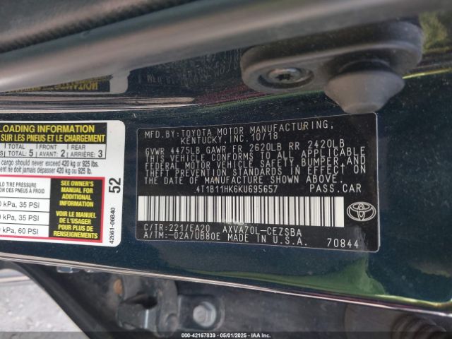4T1B11HK6KU695657 Toyota CAMRY SE