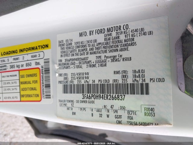 3FA6P0H94ER266837 Ford FUSION SE